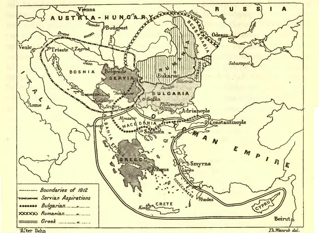 "Territorial aspirations of the Balkan states, 1912" di Th. Weinreb / Carnegie Endowment for International Peace - Carnegie Endowment for International Peace (Division of Intercourse and Education; Report of the International Commission to Inquire into the Causes and Conduct of the Balkan Wars. 1914. Con licenza Public domain tramite Wikimedia Commons.