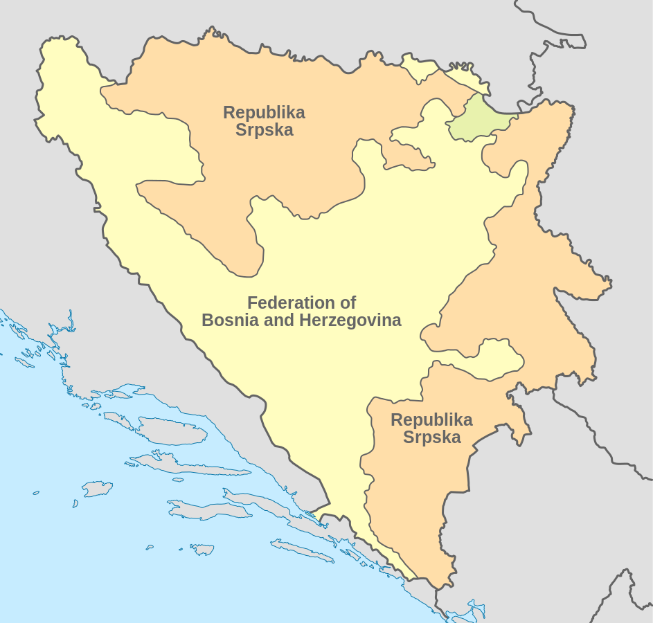 "Bosnia and Herzegovina, administrative divisions - en (entities) - colored" by PRODUCER - Own work. Licensed under CC BY-SA 3.0 via Wikimedia Commons.