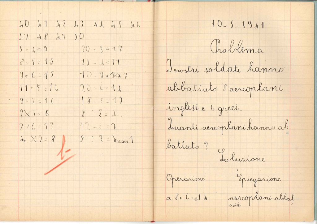 Quaderno di Esercizi di Aritmetica di Pettini Elio, classe Ia maschile, Anno 1940-41. Fonte: Archivio Indire.