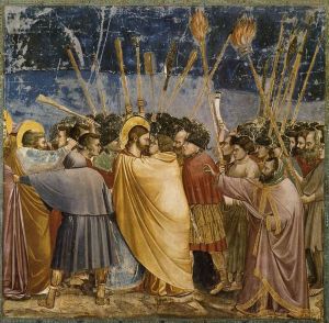 "Giotto di Bondone - No. 31 Scenes from the Life of Christ - 15. The Arrest of Christ (Kiss of Judas) - WGA09216" di Giotto - Web Gallery of Art:   Image  Info about artwork. Con licenza Pubblico dominio tramite Wikimedia Commons.