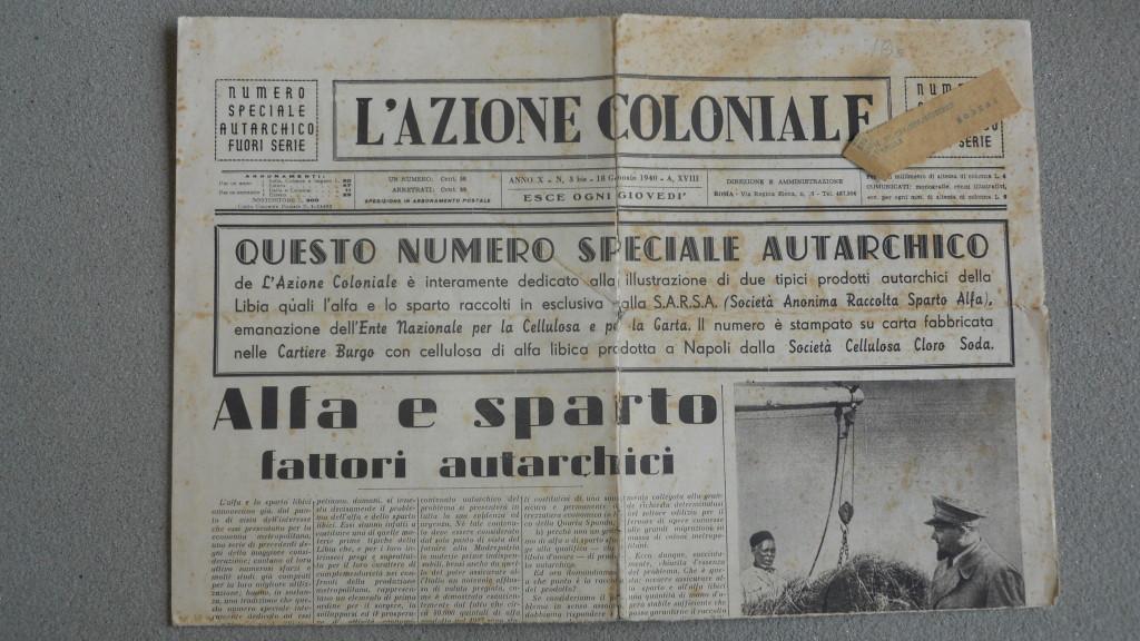 da «L'Azione Coloniale»,Numero Speciale Autarchico Fuori Serie, Giovedì 18 Gennaio 1940, Anno X , numero 3 bis interamente dedicato alla produzione di cellulosa autarchica con le fibre vegetali dell'alfa e dello sparto prodotte in Libia.