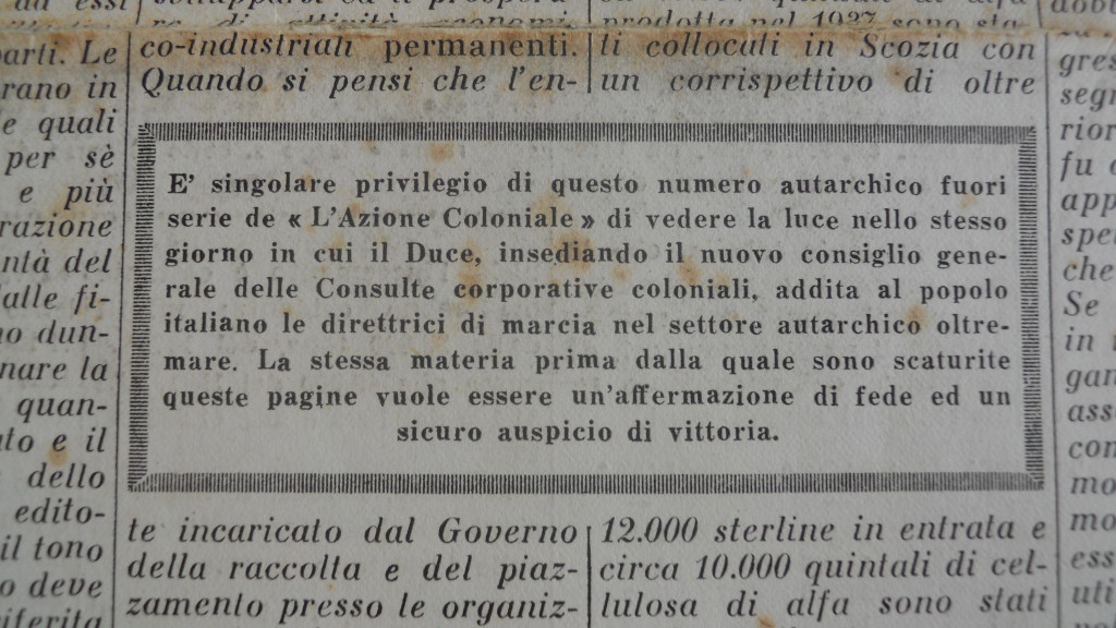 «L'Azione Coloniale», Numero Speciale Autarchico Fuori Serie, Giovedì 18 Gennaio 1940, Anno X numero 3 bis, p.1