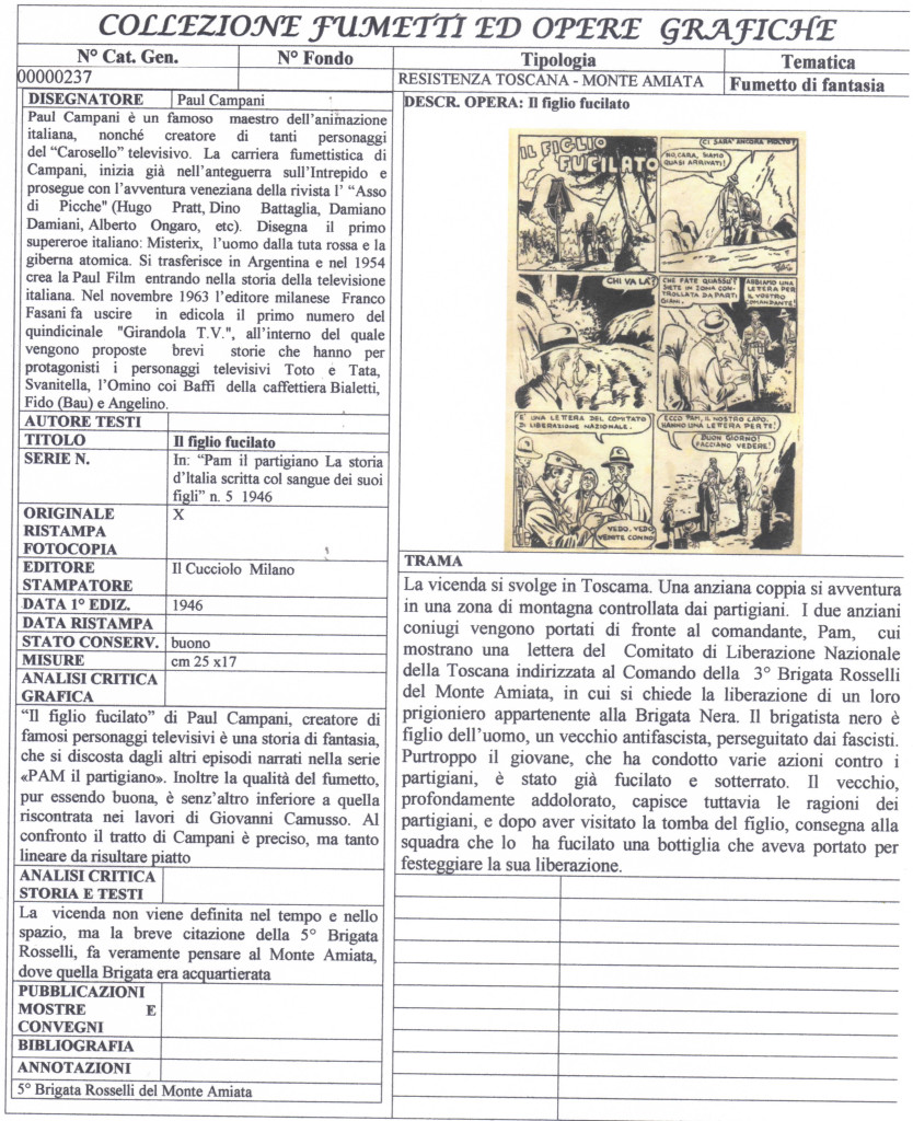 Fig. 1: Scheda bibliografica di: IL FIGLIO FUCILATO di Paul Campani in: «PAM il partigiano. La storia d’ltalia scritta col sangue dei suoi figli» 1946 numero 5 Milano: Il Cucciolo