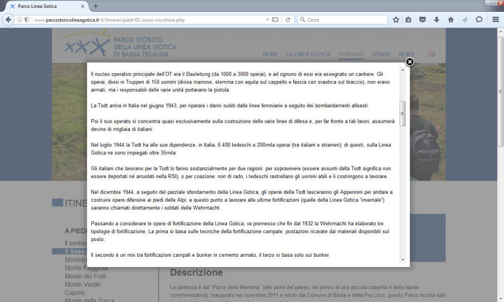 Fig. 3 - La finestra Focus storia: la costruzione della Linea Gotica al link "per saperne di più" della pagina Il Sasso di Cocchiola (http://www.parcostoricolineagotica.it/it/itinerari/piedi/02-sasso-cocchiola.php), fra gli itinerari ideati dalla Pro-loco di Badia Tedalda